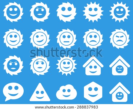Tools, gears, smiles, emotions icons. Vector set style: flat images, white symbols, isolated on a blue background.