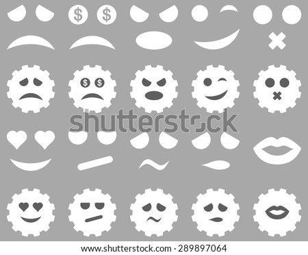 Tool, gear, smile, emotion icons. Vector set style: bicolor flat images, dark gray and white symbols, isolated on a silver background.