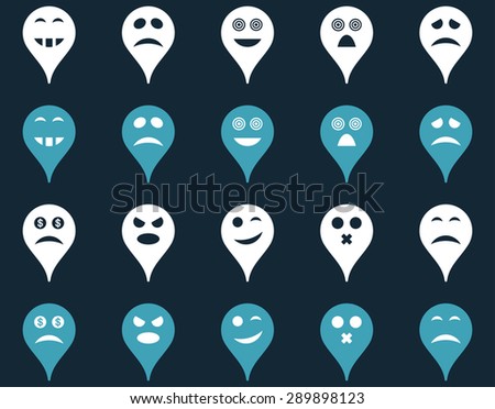 Emotion map marker icons. Vector set style: bicolor flat images, blue and white symbols, isolated on a dark blue background.
