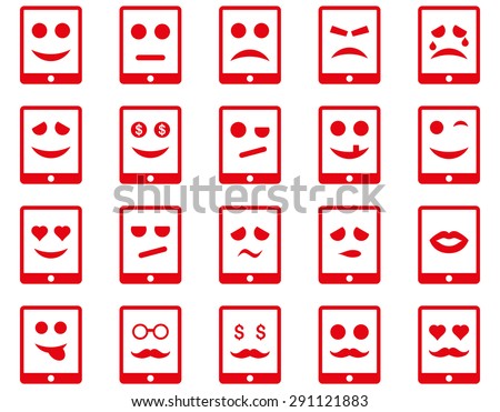 Emotion mobile tablet icons. Vector set style: flat images, red symbols, isolated on a white background.