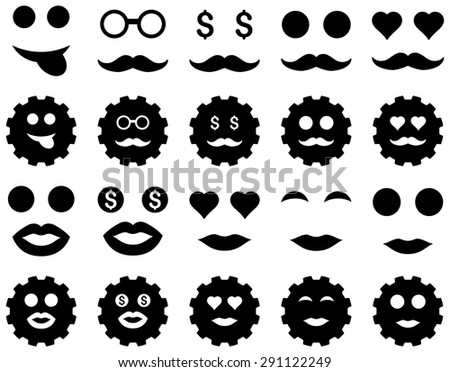Tool, gear, smile, emotion icons. Vector set style: flat images, black symbols, isolated on a white background.