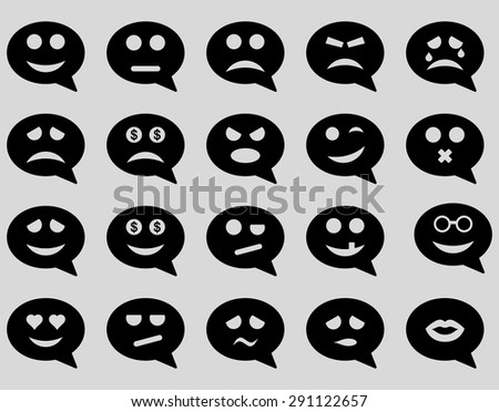 Chat emotion smile icons. Vector set style: flat images, black symbols, isolated on a light gray background.