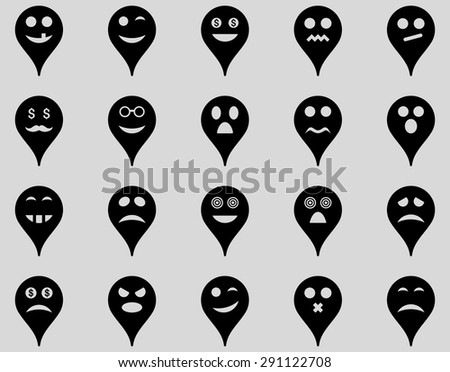Emotion map marker icons. Vector set style: flat images, black symbols, isolated on a light gray background.