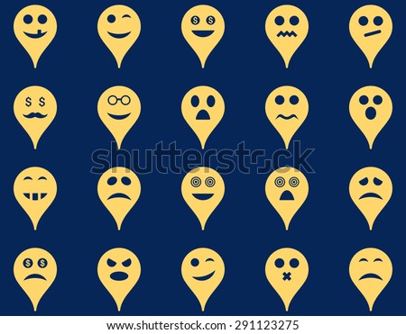 Emotion map marker icons. Vector set style: flat images, yellow symbols, isolated on a blue background.