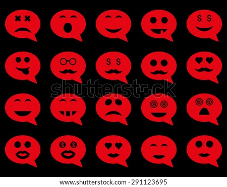 Chat emotion smile icons. Vector set style: flat images, red symbols, isolated on a black background.
