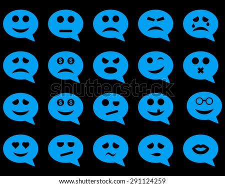 Chat emotion smile icons. Vector set style: flat images, blue symbols, isolated on a black background.