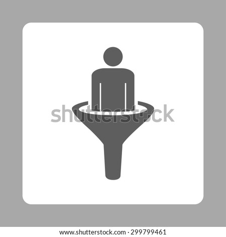 Sales funnel icon. Glyph style is dark gray and white colors, flat rounded square button on a silver background.