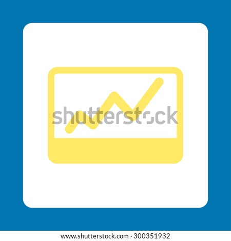 Stock Market icon. This flat rounded square button uses yellow and white colors and isolated on a blue background.