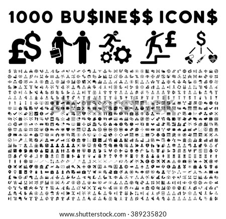 1000 business, bank, trade vector icons. Style is flat black symbols on a white background.