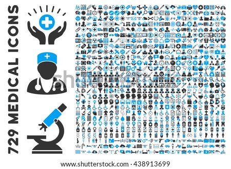 Medical Icon Set with 729 vector icons. Style is bicolor blue and gray flat icons isolated on a white background.
