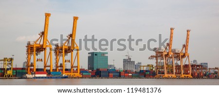 Industrial cargo port, vessel unloading, panorama