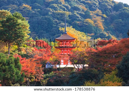 Pagoda in Kiyomizu temple in autumn,Japan