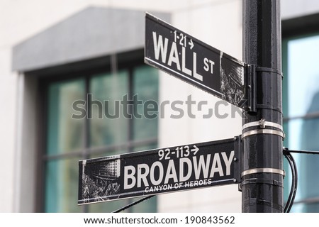 Street sign of New York Wall street and Broad street