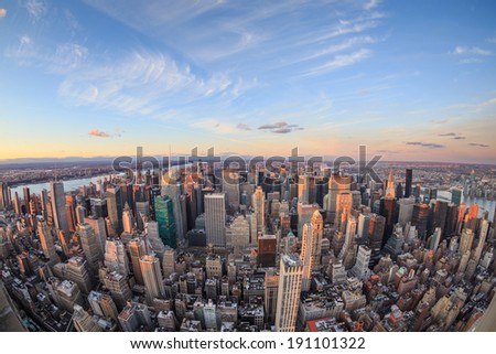 Beautiful New York City skyline with urban skyscrapers at sunset.