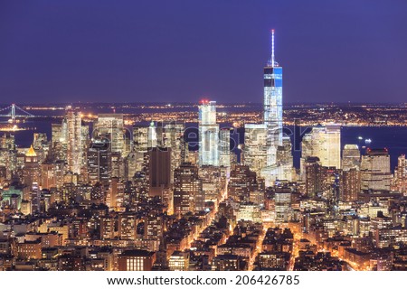 Night view of the Freedom Tower and Downtown Manhattan skyline