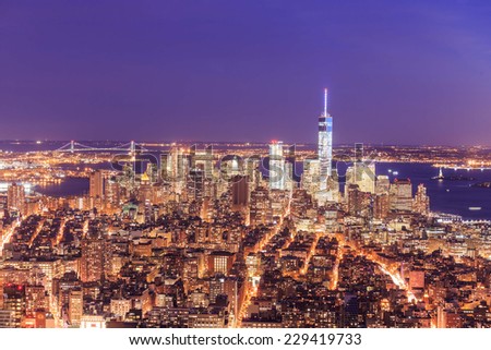 New York City skyline with urban skyscrapers at twilight.