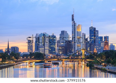 View of Frankfurt am Main skyline at dusk, Germany