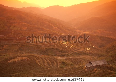 Sunset sky orange house in a small valley in the mountain terrain Wonderful look very peaceful