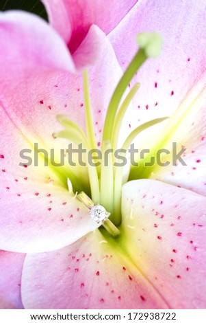 Macro closeup of lilium flower and beautiful sparkling diamond ring