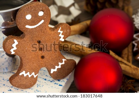 Gingerbread man, cookies, star anise, cinnamon and cookbook