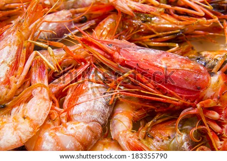 Grilled prawns on ceramic plate and white background