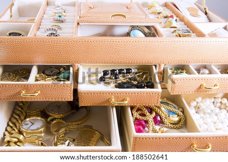 Gold jewelry in jewelry boxes