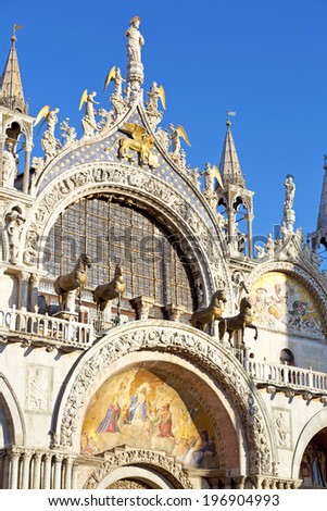The Patriarchal Cathedral Basilica of Saint Mark at the Piazza San Marco. St Mark\'s Square, Venice Italy.
