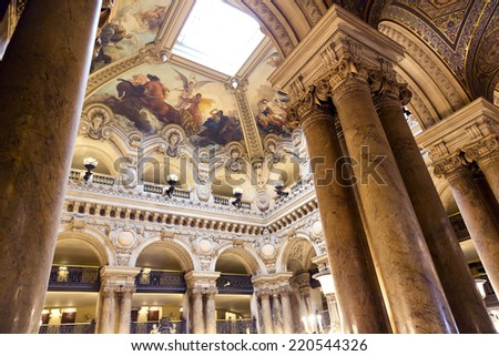 PARIS, August 4, 2014: Interior view of the Opera National de Paris Garnier, France.  It was built from 1861 to 1875 for the Paris Opera house