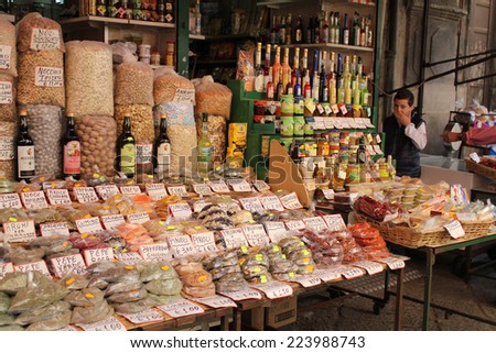 PALERMO, ITALY, May 16, 2010: displays of products on offer in the world famous Capo market in Palermo, Sicily