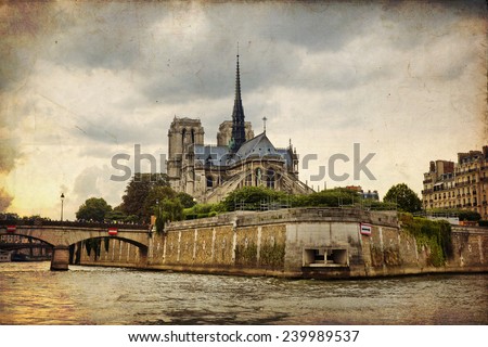 The Cathedral of Notre Dame de Paris in vintage style, France