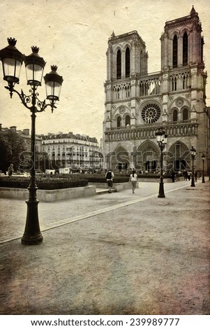 The Cathedral of Notre Dame de Paris in vintage style, France