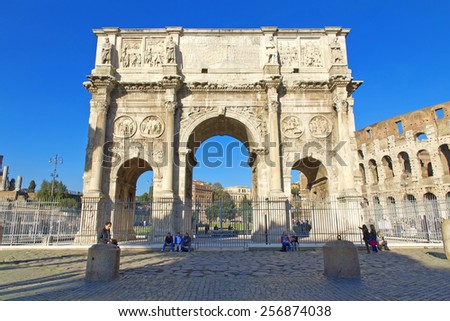 Arch of Constantine, a triumphal arch in Rome, located between the Colosseum and the Palatine Hill.