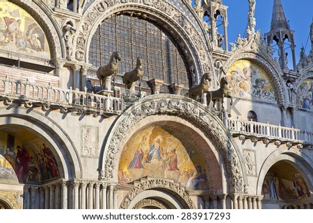 The Patriarchal Cathedral Basilica of Saint Mark at the Piazza San Marco. St Mark\'s Square, Venice, Italy