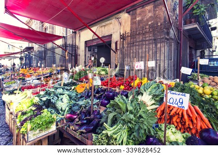 PALERMO, ITALY, September 30, 2015:  Grocery shop at famous local market Capo in Palermo, Italy