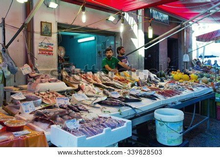 PALERMO, ITALY, September 30, 2015:  Grocery shop at famous local market Capo in Palermo, Italy