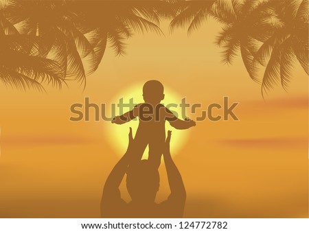 the father and the son playing on a beach at sunset. Raster version, vector file also included
