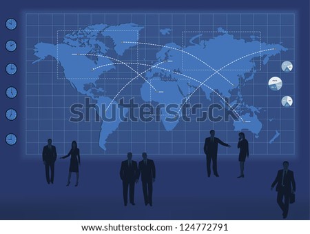 Silhouettes of business people at big office  .Raster version, vector file also included