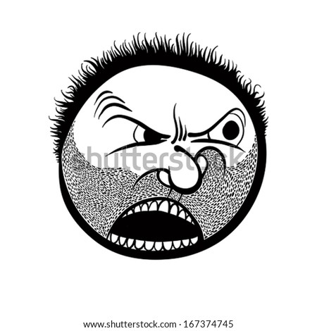 Angry cartoon face with stubble, black and white lines vector illustration.