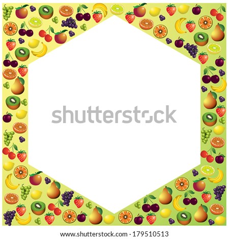 Fruits frame made with different fruits, healthy food theme composition, vector illustration.