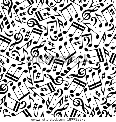 Vector black musical notes and treble clefs seamless pattern on white background.