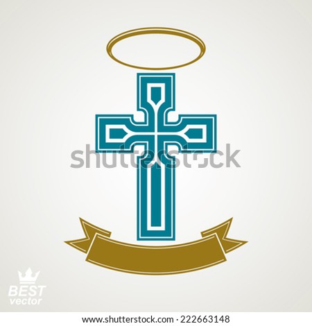 Religious cross emblem with nimbus and decorative ribbon, spiritual idea symbol. Christianity icon, web design element.