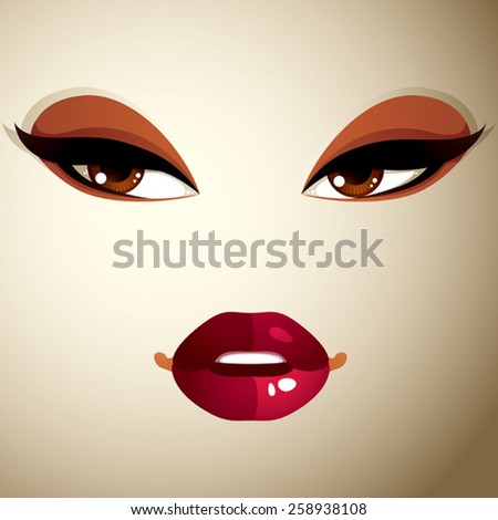 Gorgeous woman eyes and lips, stylish makeup. People negative facial emotions.