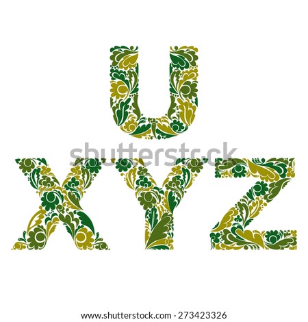 Vector letters decorated with seasonal leaves, U, X, Y, Z. Vintage ornamental typescript.