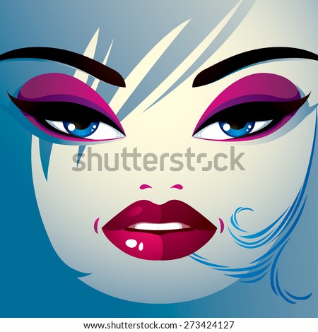 Coquette woman eyes and lips, stylish makeup and hairdo. People facial emotions.