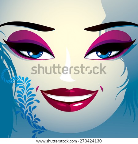 Face makeup. Lips, eyes and eyebrows of an attractive woman displaying happiness. Fashionable female haircut.