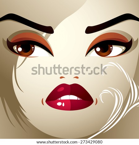Facial emotions of a young pretty woman with a modern haircut. Coquette lady visage, expressive human eyes, lips and locks.