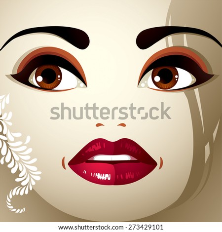 Face makeup. Lips, eyes and eyebrows of an attractive woman displaying surprise and shock. Fashionable female haircut.