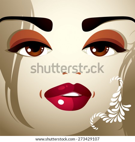 Face makeup. Lips, eyes and eyebrows of an attractive woman displaying doubt. Fashionable female haircut.