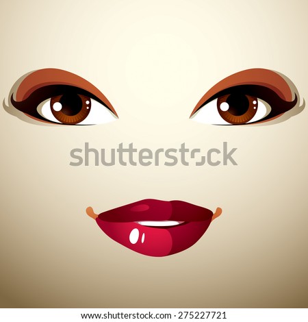 Coquette glad woman eyes and lips, stylish makeup. People positive facial emotions, happiness.