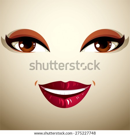Glad smiling woman eyes and lips, stylish makeup. People positive facial emotions, happiness.